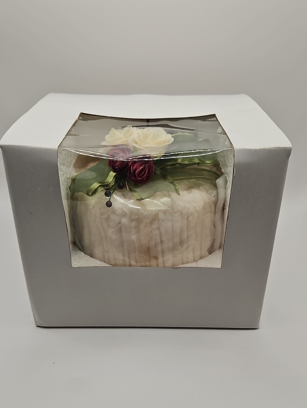 Beautiful Candle 3 Wick Pillar Cream Cake 6" X 3.5" With Floral Topper New